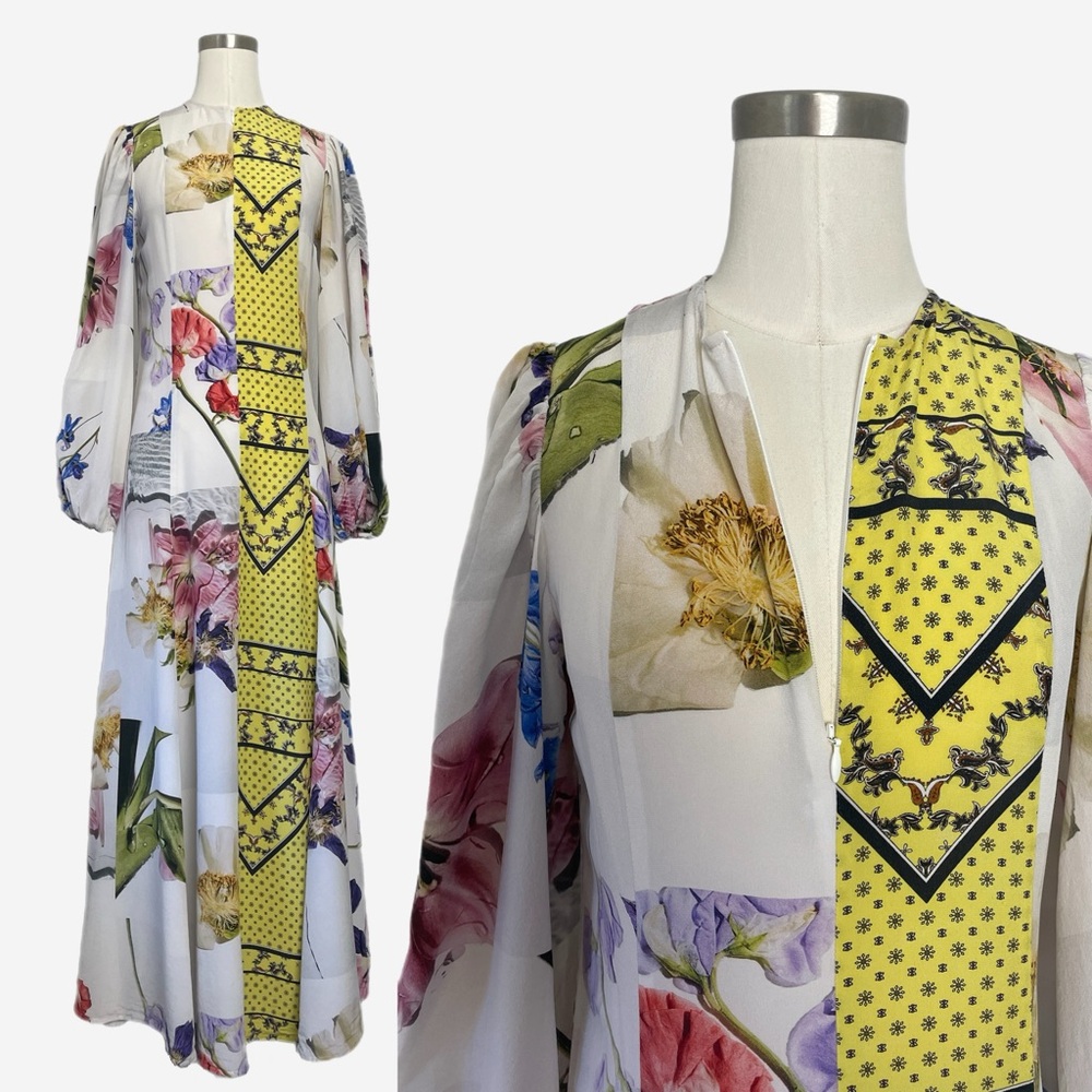 GANNI white silk graphic print patchwork floral maxi dress art to wear bold XS
